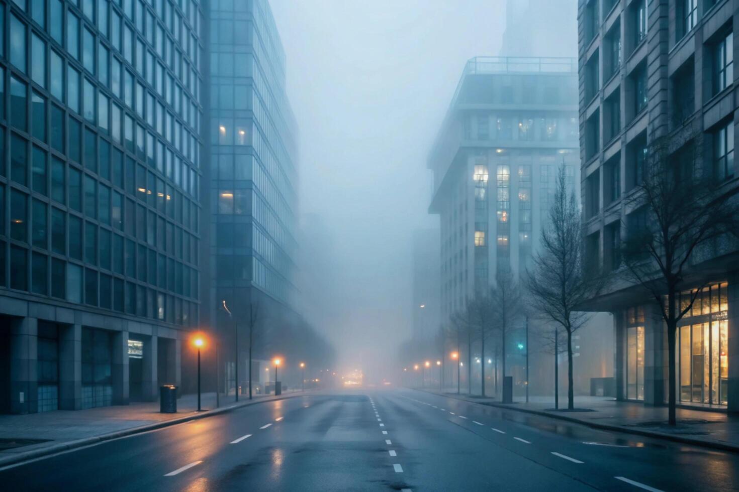A misty city street scene at dawn with tall buildings and streetlights photo