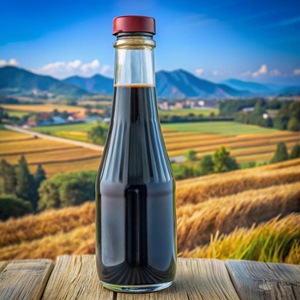 A bottle of dark soy sauce sits on a wooden surface overlooking a picturesque rural landscape with golden fields photo