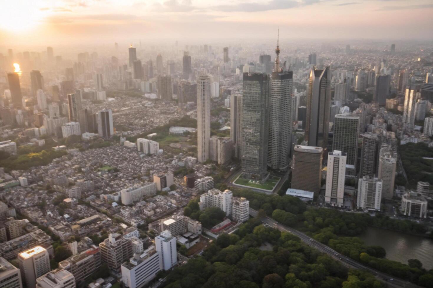 Aerial View of Tokyo Cityscape at Sunset with Skyscrapers and Lush Greenery photo