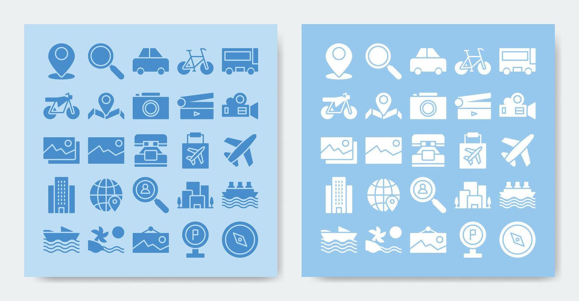 two blue and white icons of various travel related items vector