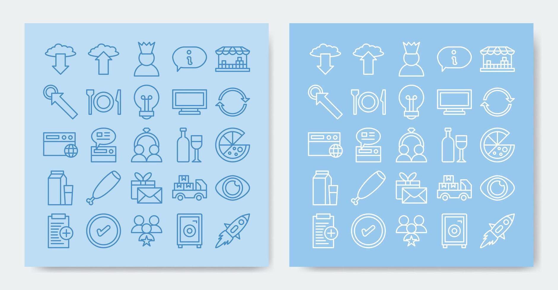 Icon set containing add, bulb, click, content, customer, done and more. outline style vector