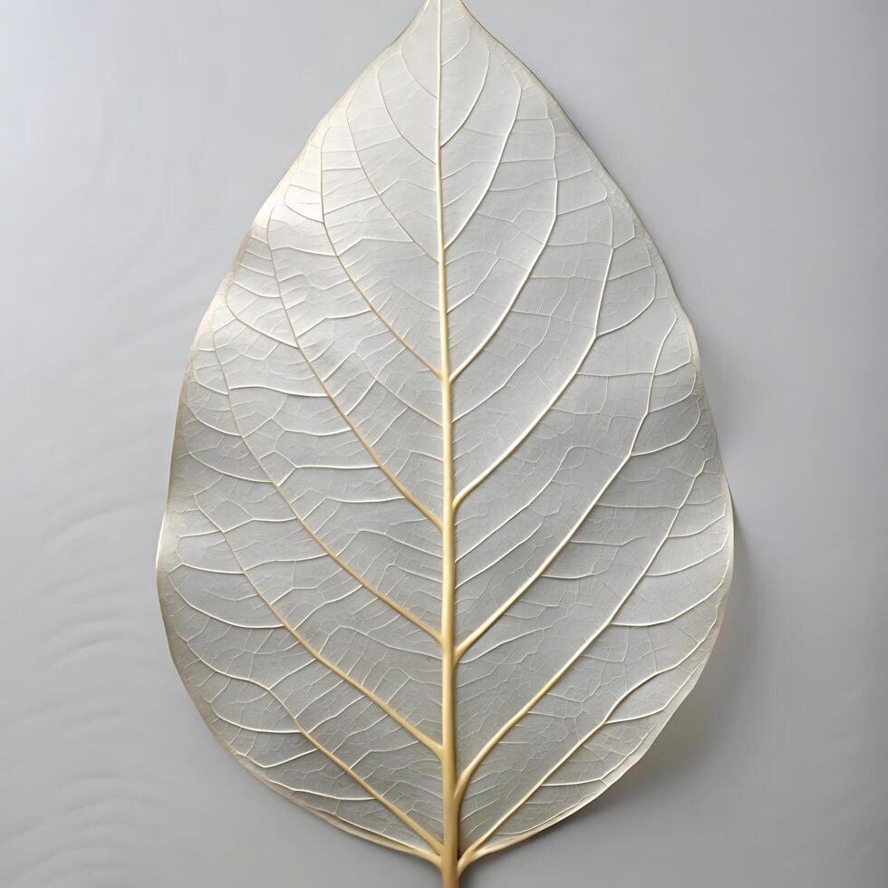 Single Delicate Skeletonized Leaf with Pale Gray and Gold Veins on White Background Botanical Minimalist Nature photo