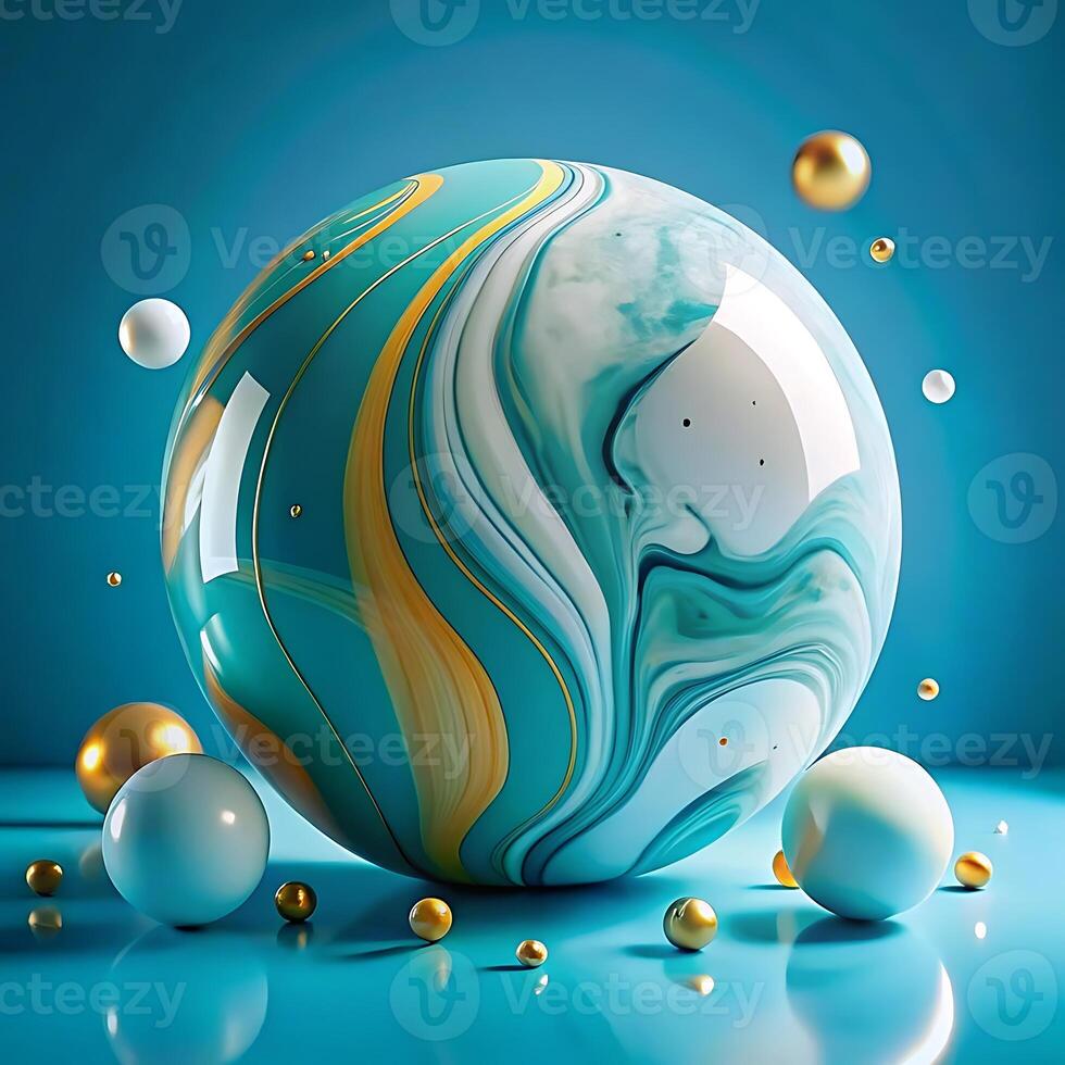 Abstract 3D Render of a Teal and Gold Marbled Sphere with Smaller Golden and Teal Spheres Surrounding It on a Teal Background photo