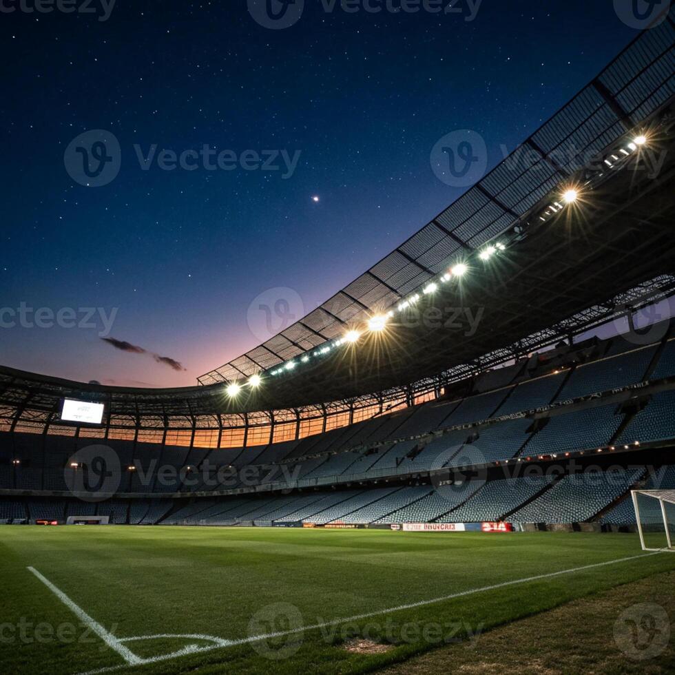 Night view of an empty soccer stadium under a starry sky photo