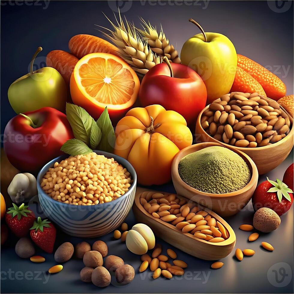 A vibrant and healthy collection of fresh fruits vegetables grains and nuts showcasing nutritious and delicious ingredients photo