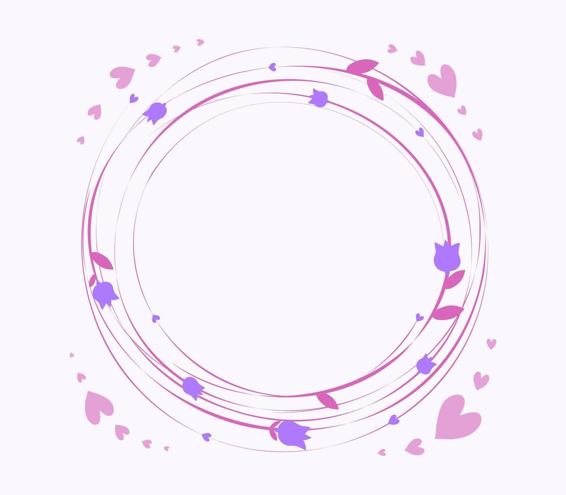 Round floral frame, border with space for text, wishes and congratulations. Design of festive greeting card for International Women's Day, Birthday. Flower wreath made of grass and branches. vector