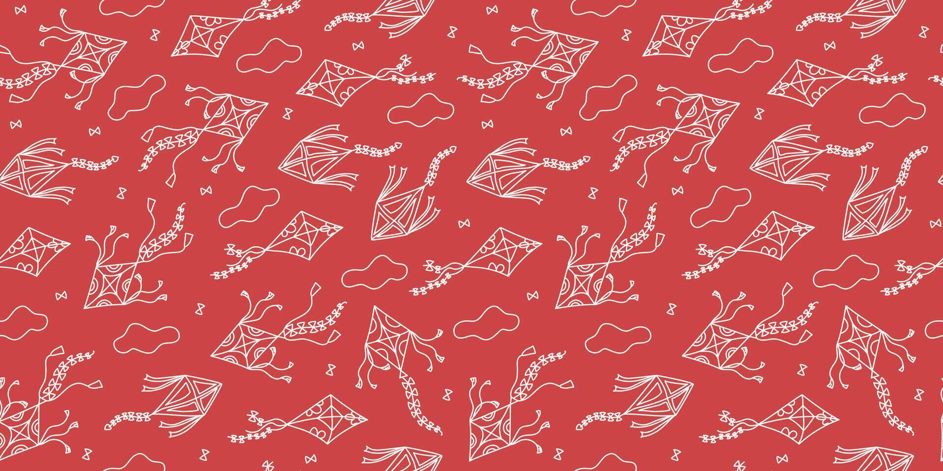 Pattern kites flying sky, clouds. Hand drawn icon, doodle. Kite. Line drawing, sketch. Seamless background. vector