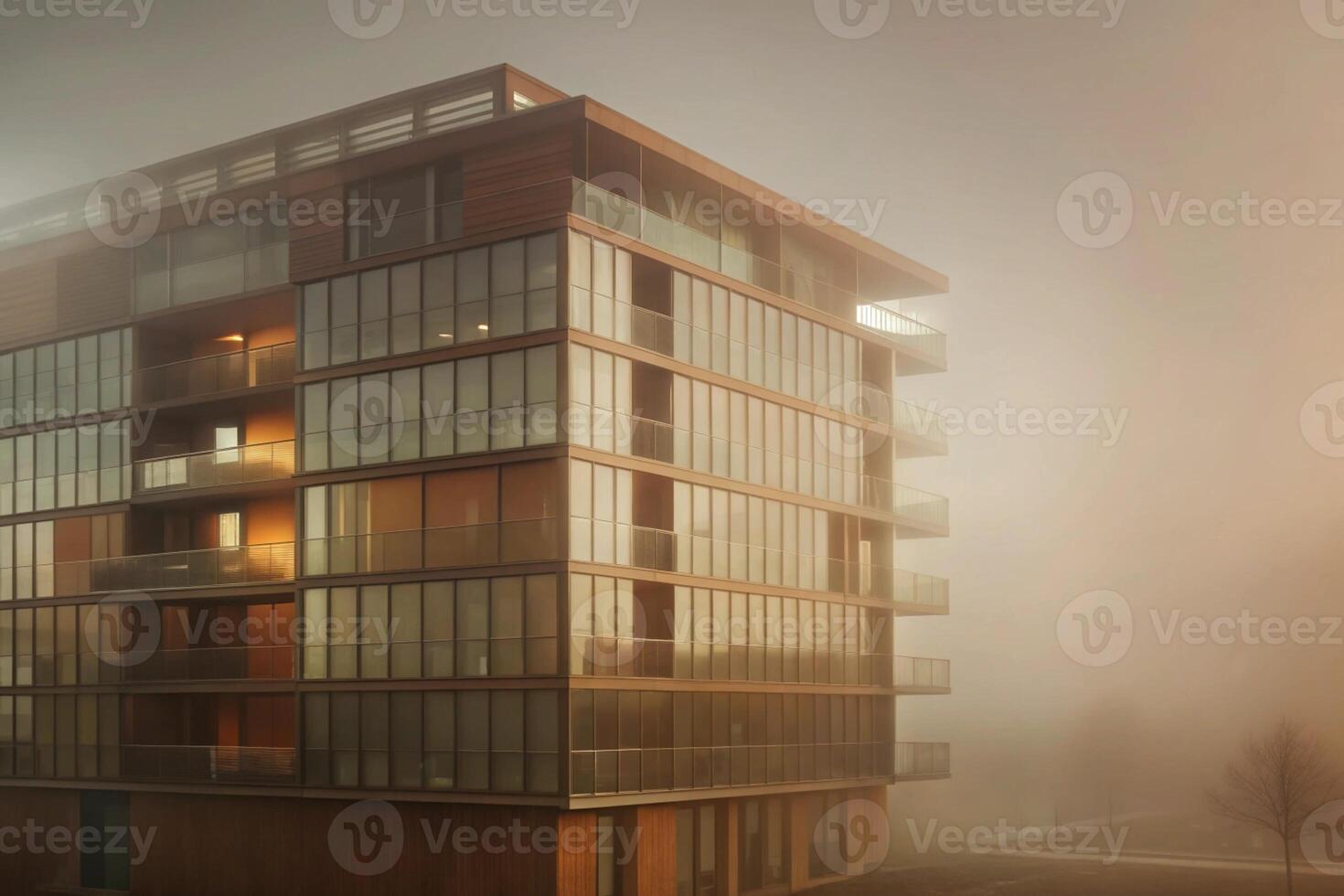 A building in the fog with a foggy sky photo