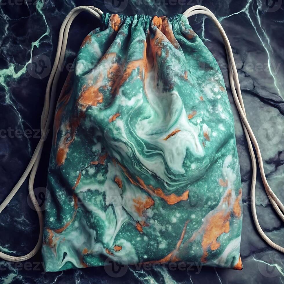 Stunning Teal and Copper Marble Print Drawstring Backpack Bag photo