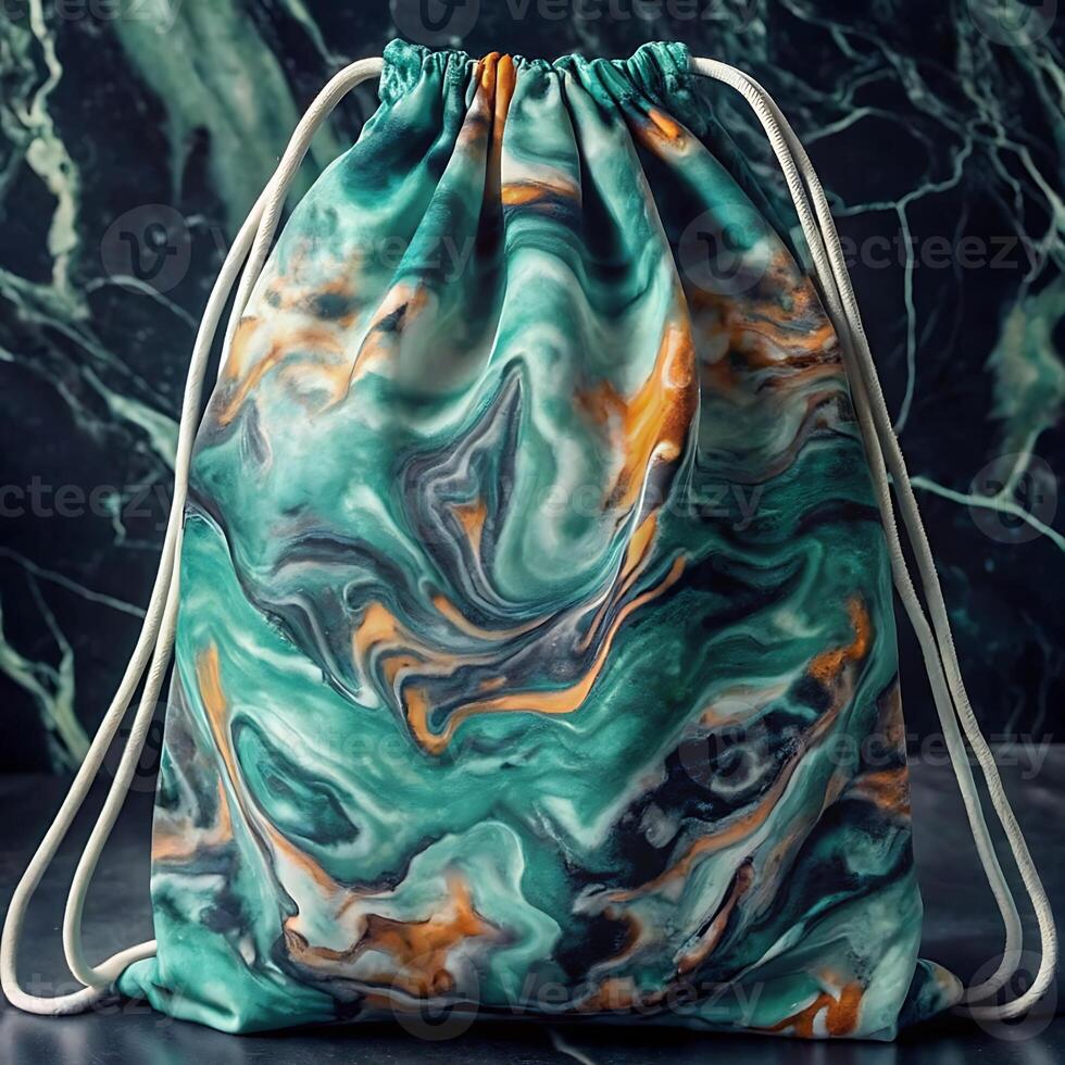 Stunning Teal and Orange Marble Print Drawstring Bag Stylish Gym Sack photo