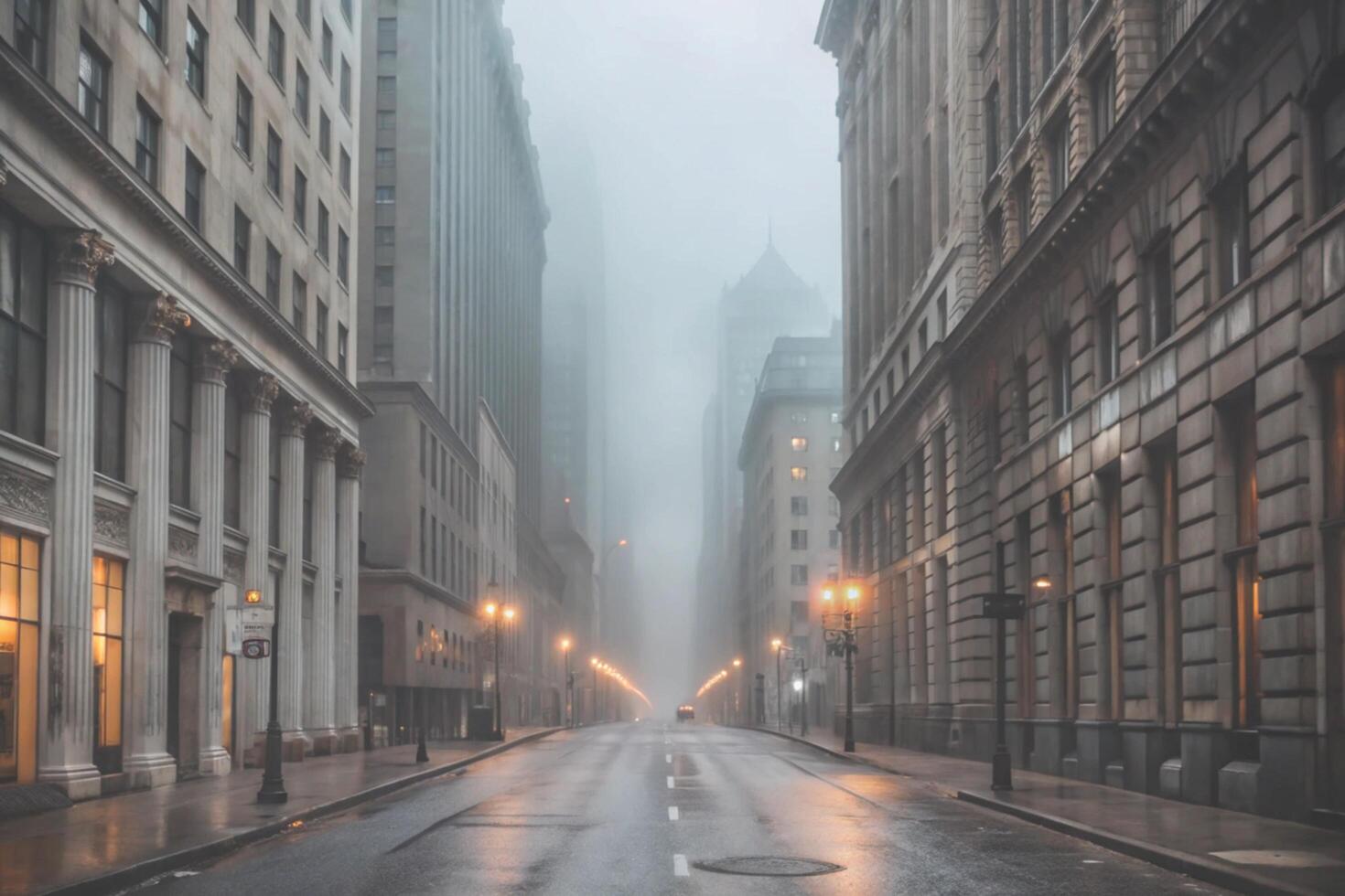 A foggy city street scene with tall buildings and classical architecture on a rainy day photo