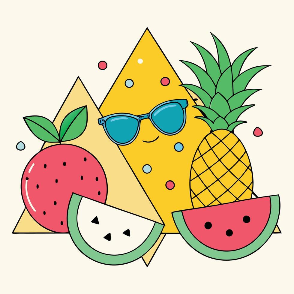 Hand drawn colorful fruits and berries. Trendy abstract minimal style. Natural tropical fruits. vector