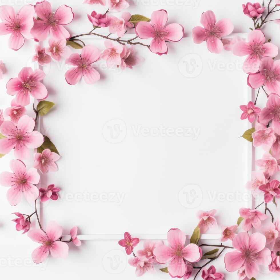 Delicate Pink Flowers Framing a White Background Perfect for Wedding Invitations or Romantic Decor Ideas photo
