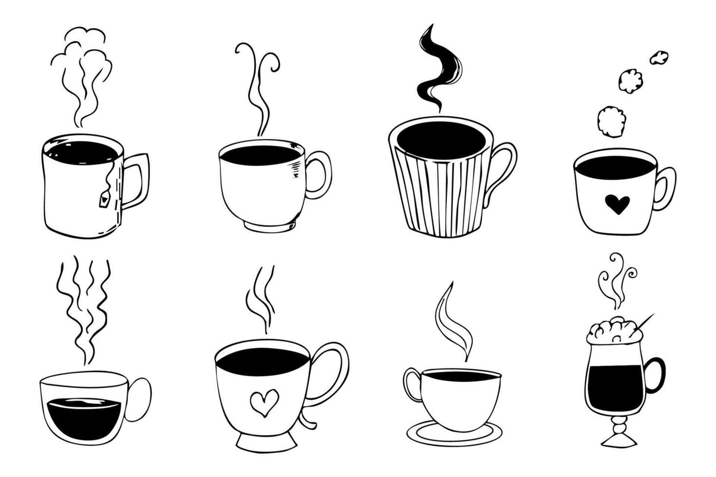 Tea or coffee cup with beverage and hot vapor steam hand drawn doodle line. Simple icon set mug sketch. Hot drinks Coffee, tea, cappuccino espresso, latte. vector