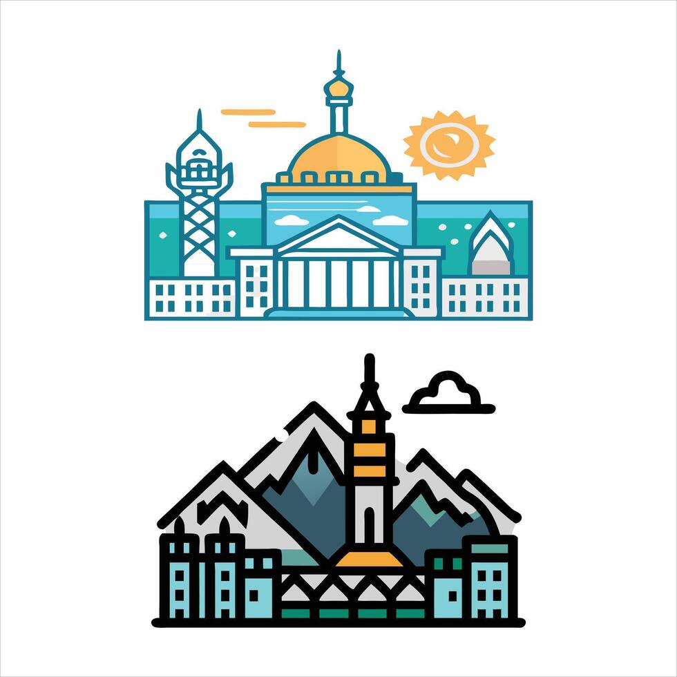 Cityscape Illustrations Buildings, Mountains, Sun, and Sky vector