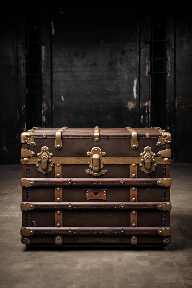 A brown trunk with gold hardware sitting on a floor photo