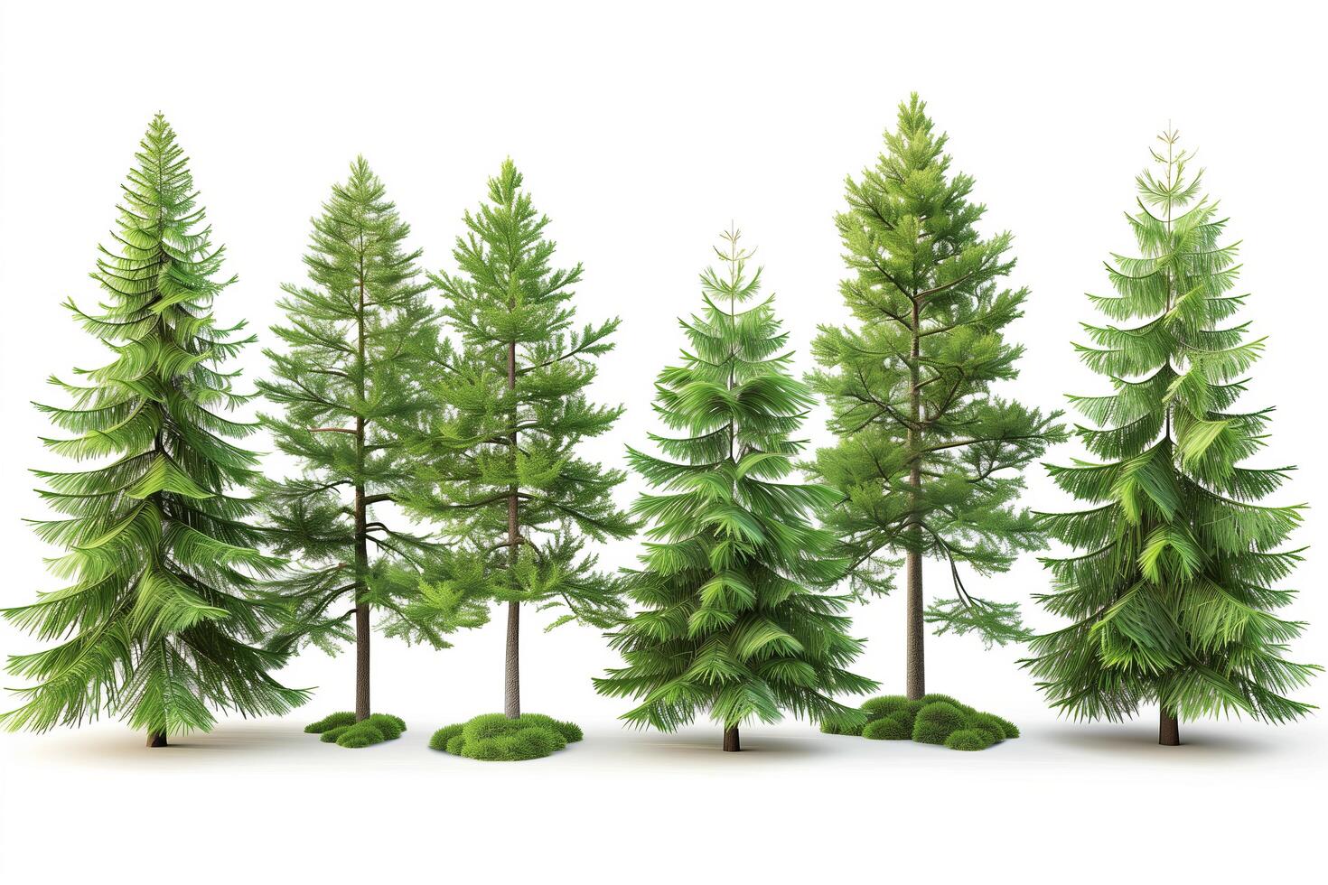 Several different types of evergreen trees on a white background photo