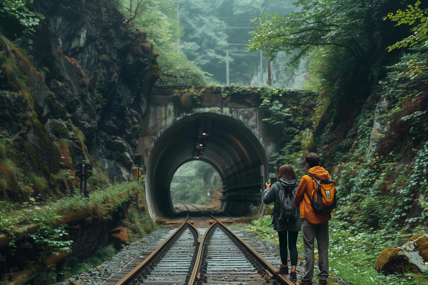 Two people standing on the tracks of a tunnel photo