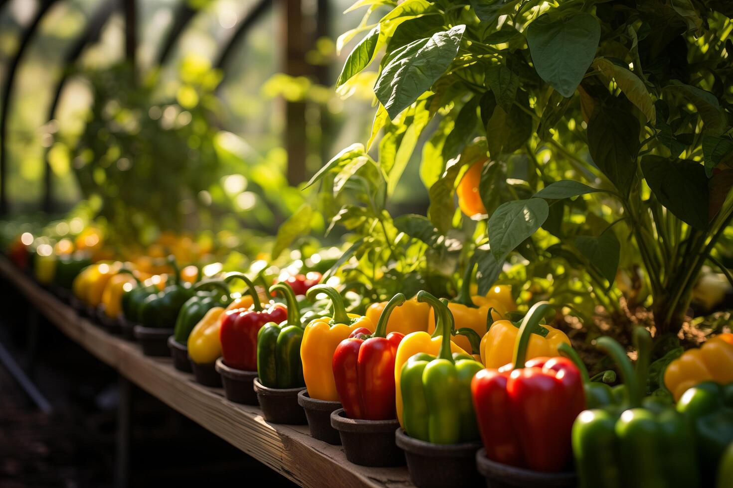 A row of peppers in pots on a table photo
