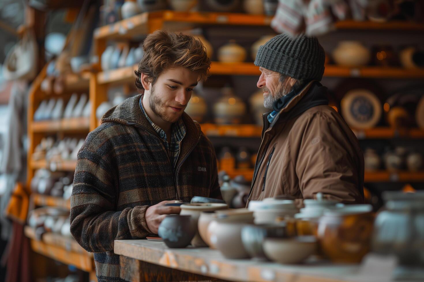Two men standing in front of a table with pots on it photo