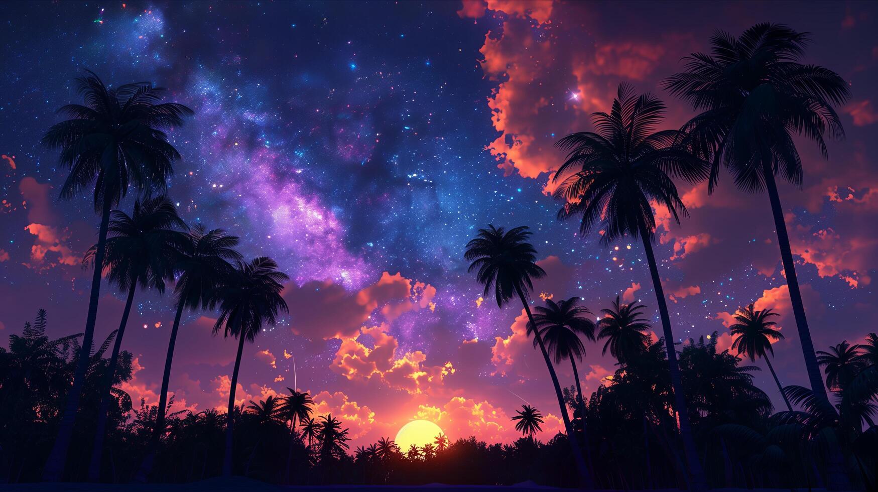 Palm trees and the sun setting over a tropical beach photo