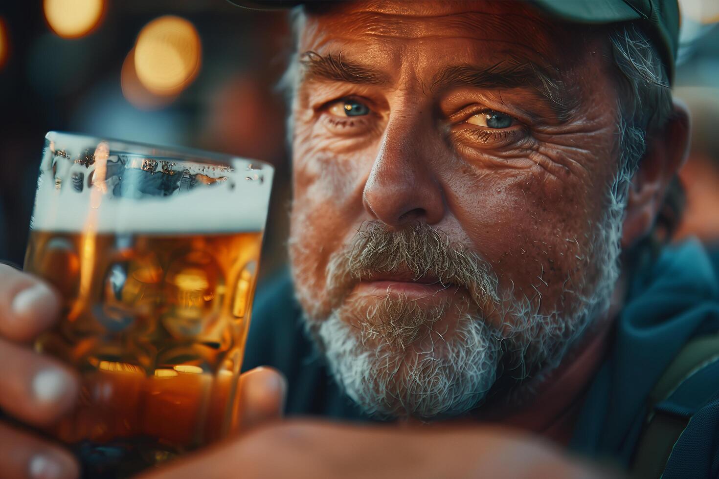 A man with a beard and a cap is holding a glass of beer photo