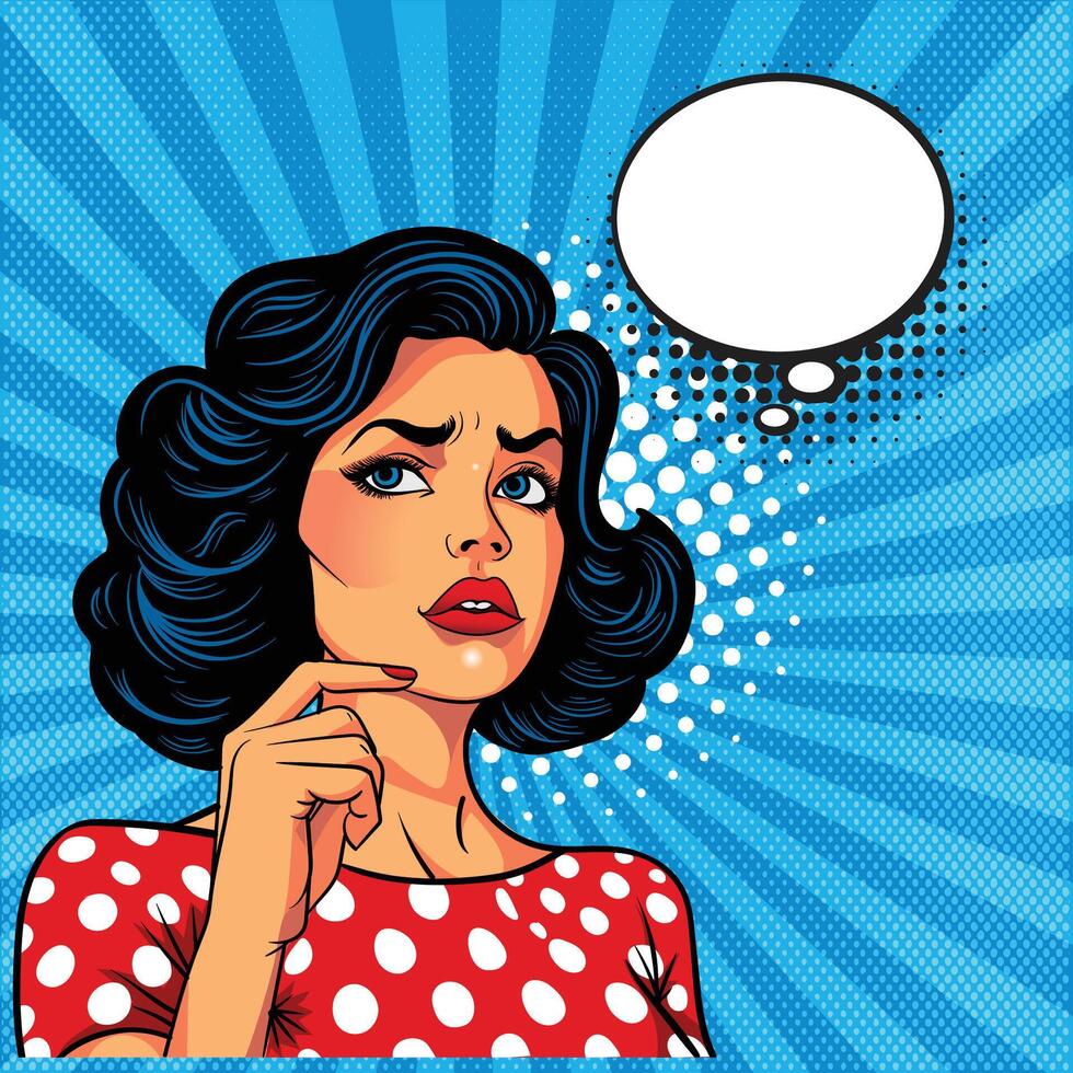 Retro Pop Art Woman Thinking with Speech Bubble - Comic Style Beauty Portrait vector