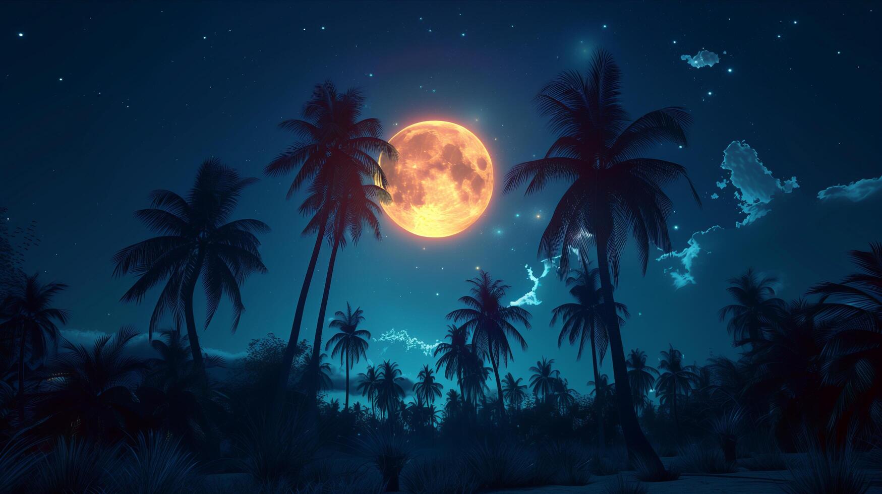 A full moon is seen over palm trees at night photo