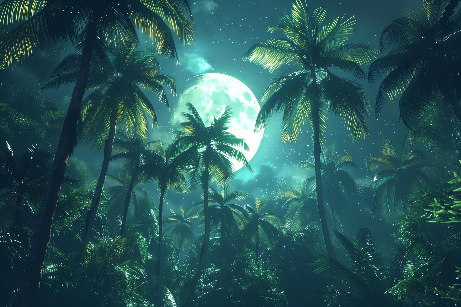 Tropical night forest with palm trees and moon photo