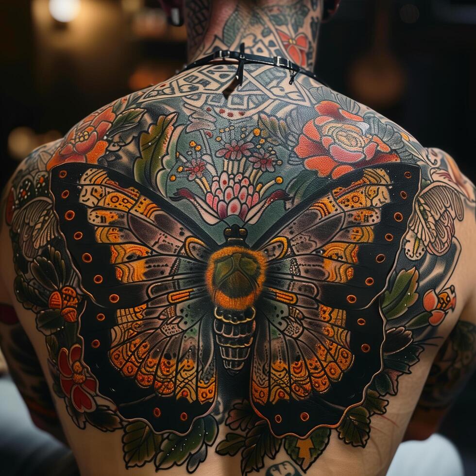 A man with tattoos on his back and butterfly tattoo photo