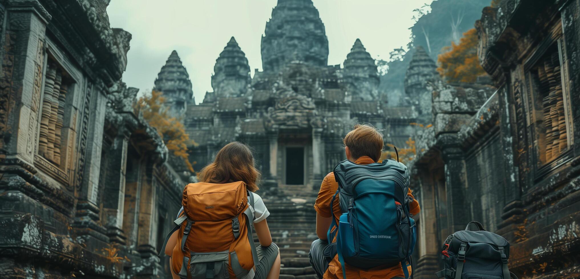 Two people with backpacks walking through an ancient temple photo