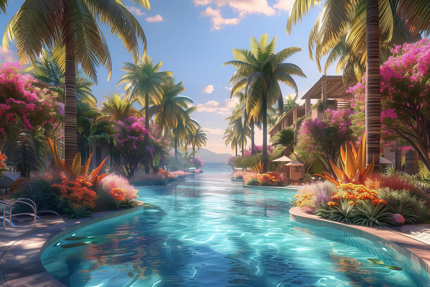 A tropical pool surrounded by palm trees and flowers photo