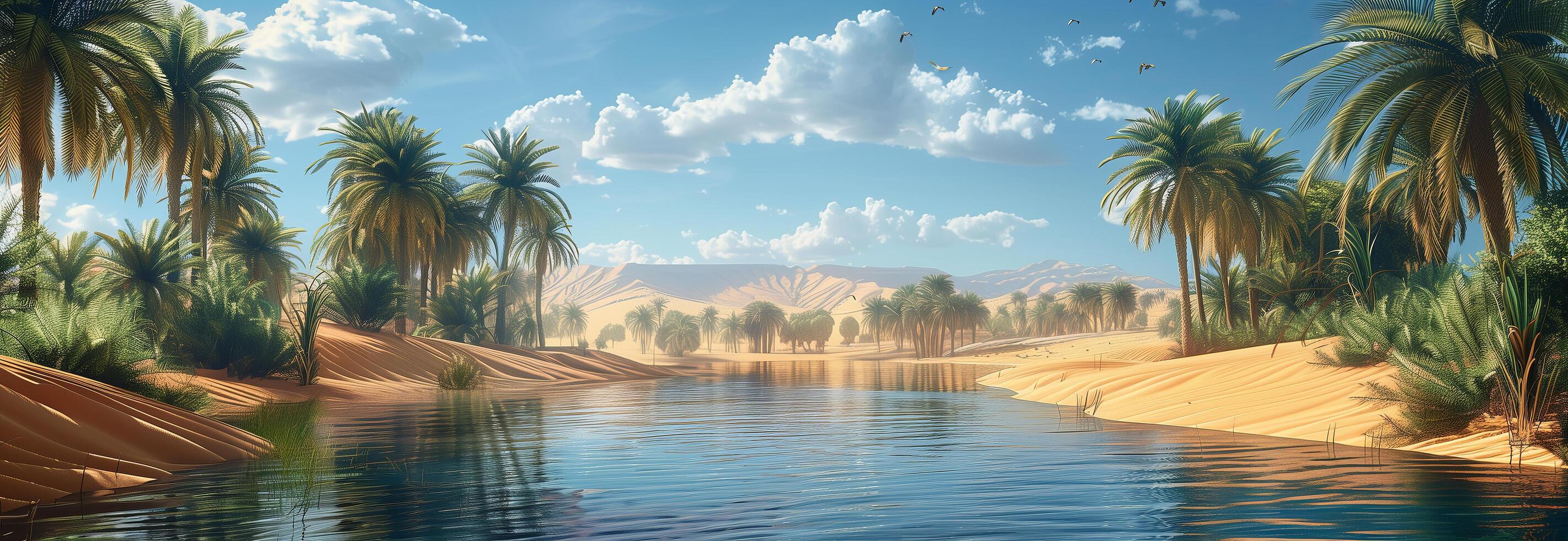 A river in the desert with palm trees photo