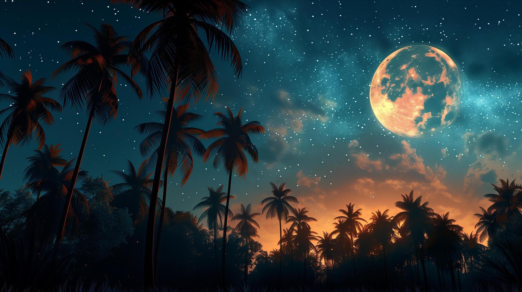Tropical night scene with palm trees and moon photo