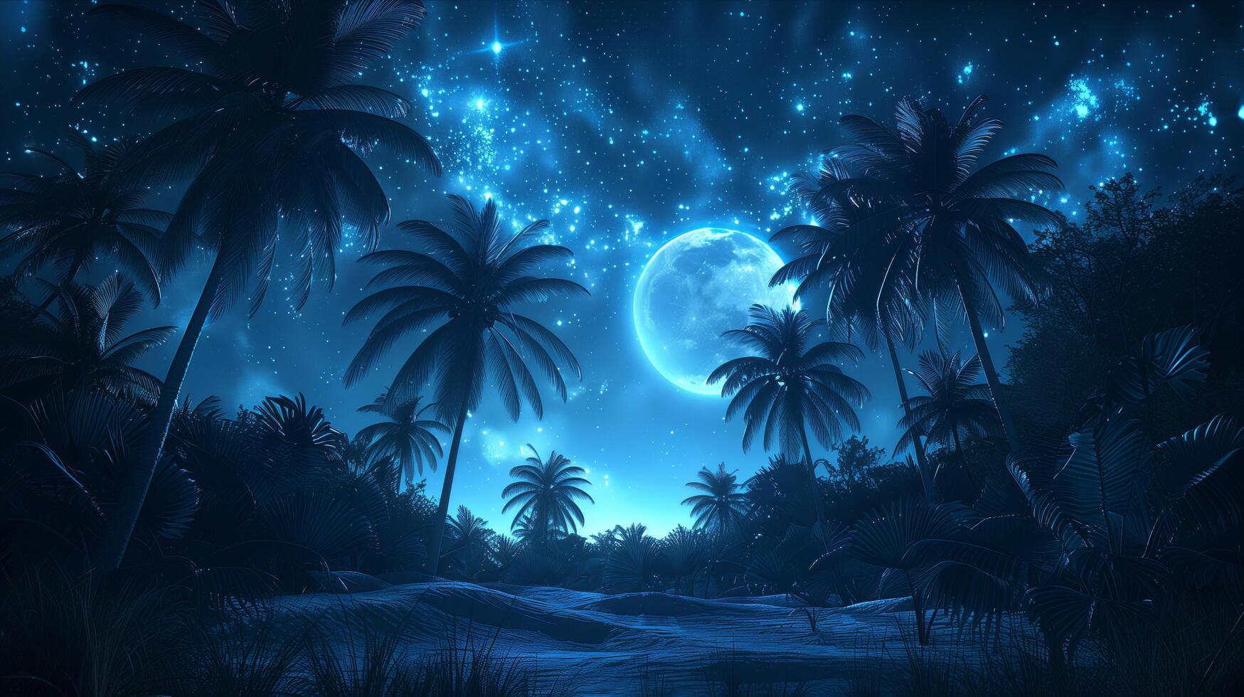 Night sky, palm trees, moon, jungle, night photo