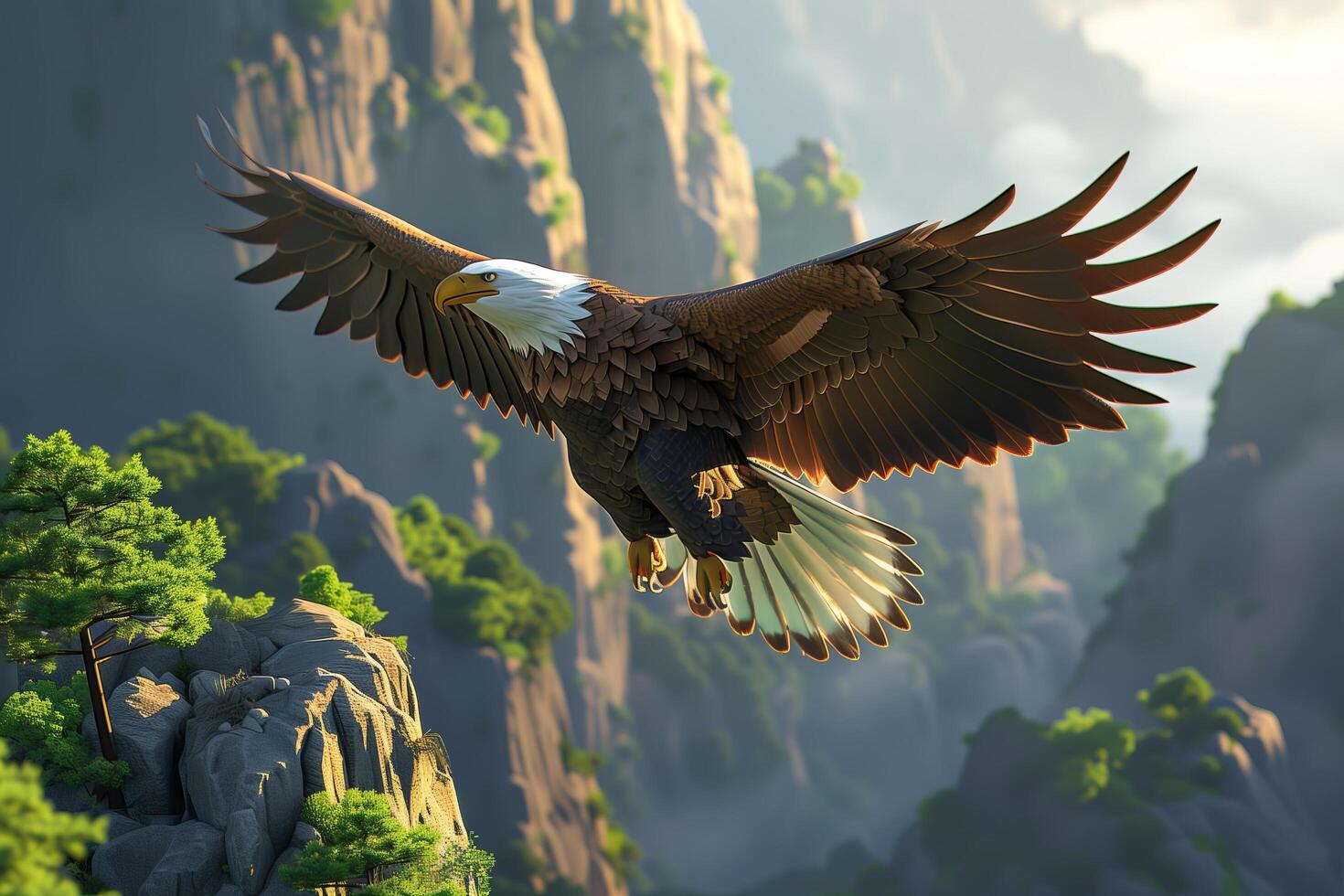 An eagle flying over a mountain with trees and rocks photo