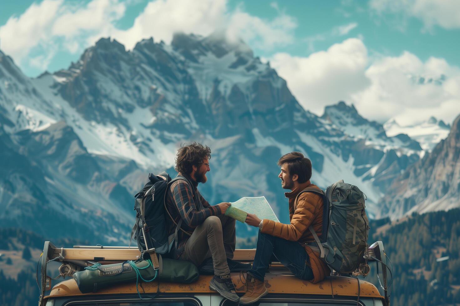 Two men sitting on top of a car with mountains in the background photo