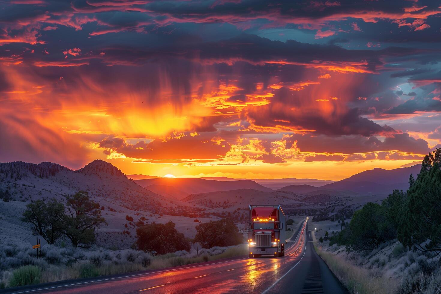 A semi truck driving down a road at sunset photo