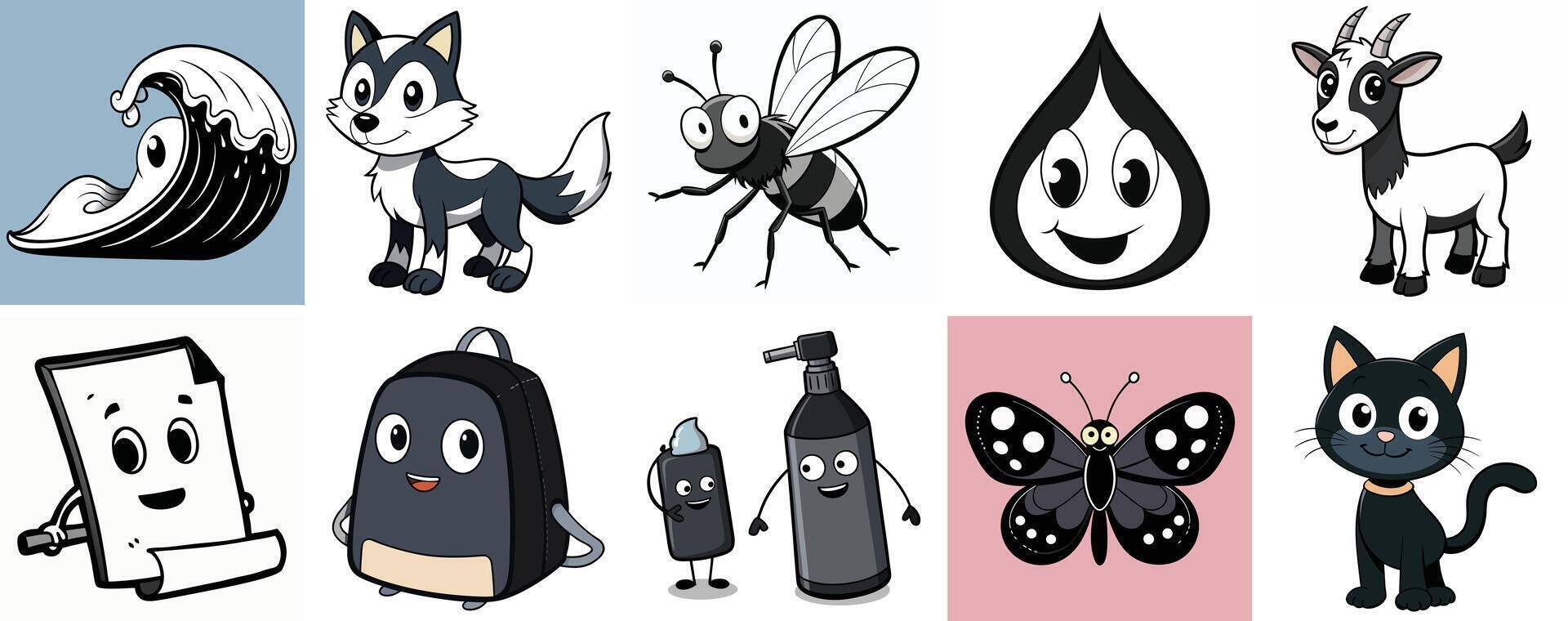 A Collection of Cute Cartoon Characters Including Animals and Objects vector