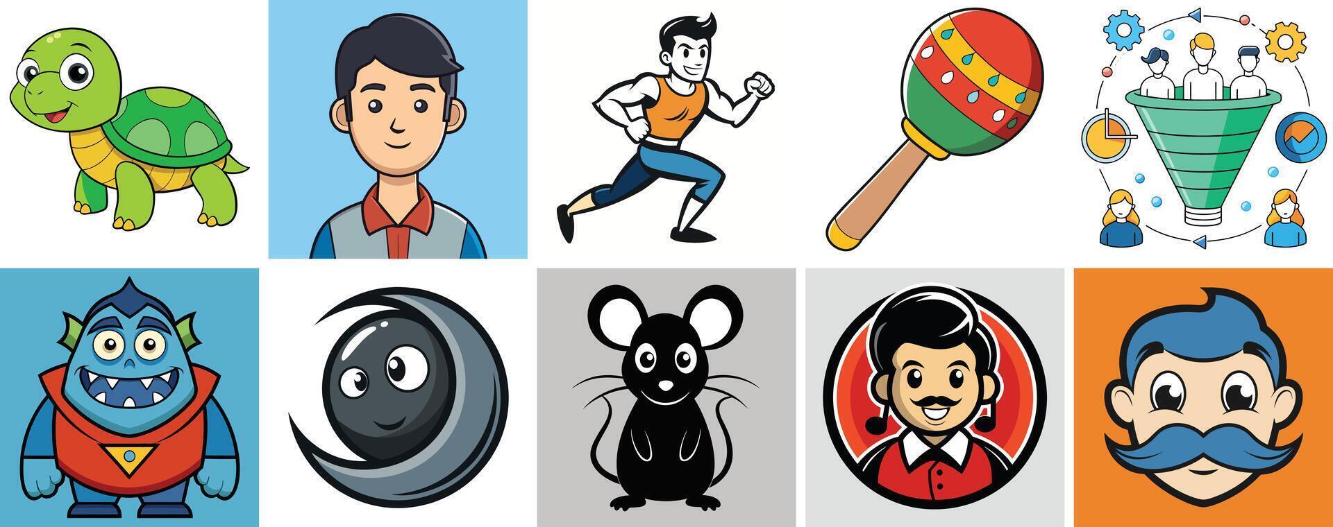Collection of Diverse Cartoon Characters and Illustrations Including a Turtle a Man a Mouse a Monster and More vector