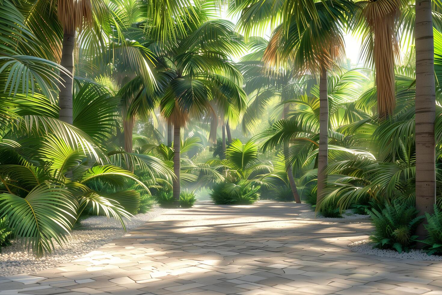Tropical palm trees and path in the jungle photo