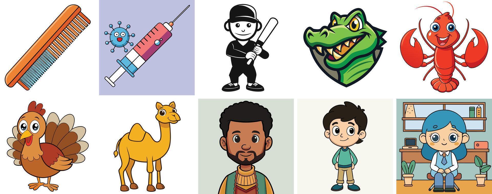 A Collection of Diverse Cartoon Illustrations Featuring Animals People and Objects vector