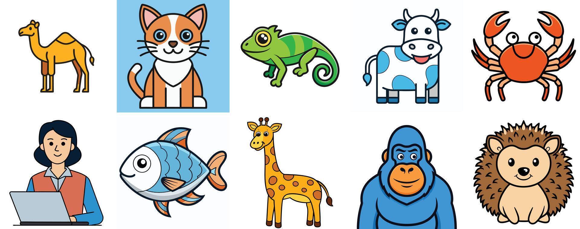 Adorable Cartoon Animals and a Person Using a Laptop vector