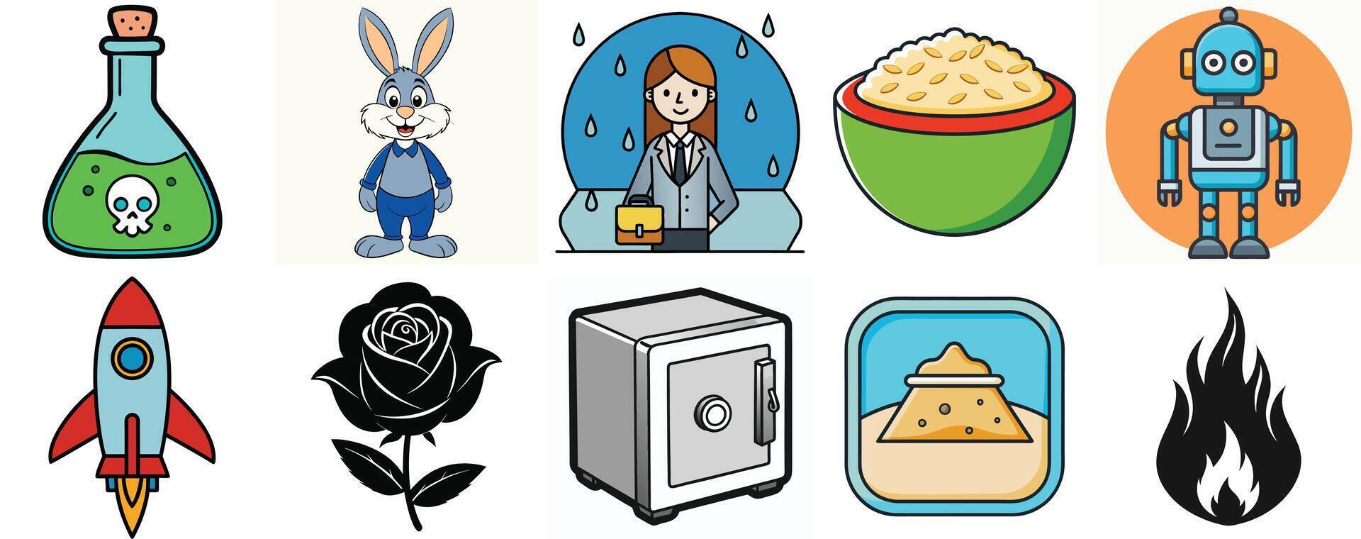 A Collection of Diverse and Colorful Cartoon Images Featuring a Robot, Rocket, Rose, and More vector