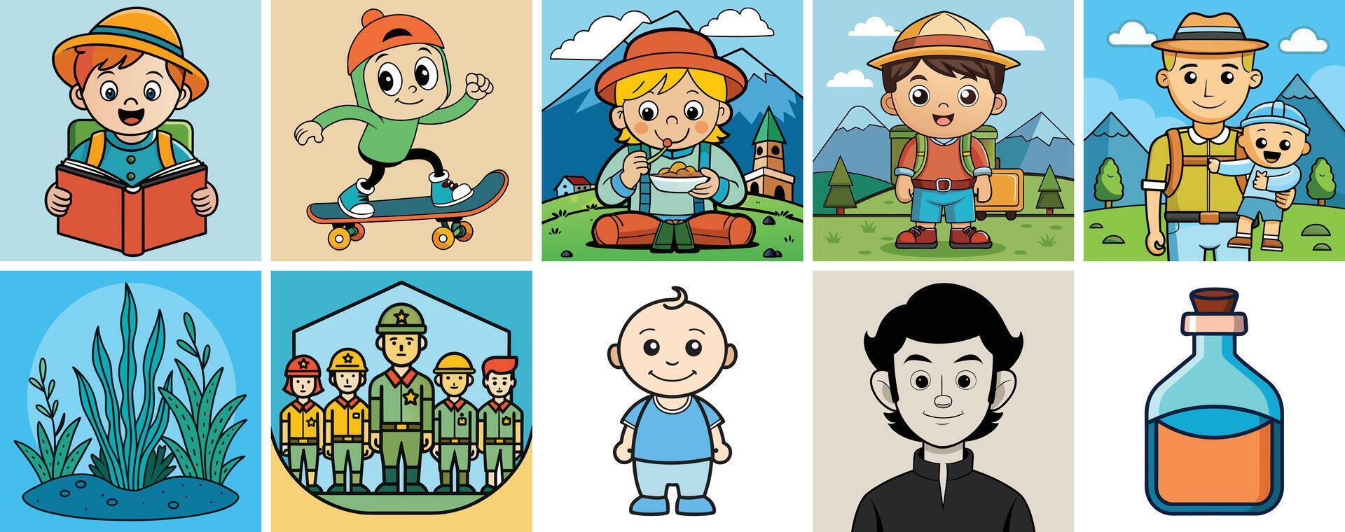 Collection of Cute Cartoon Characters Enjoying Various Activities vector