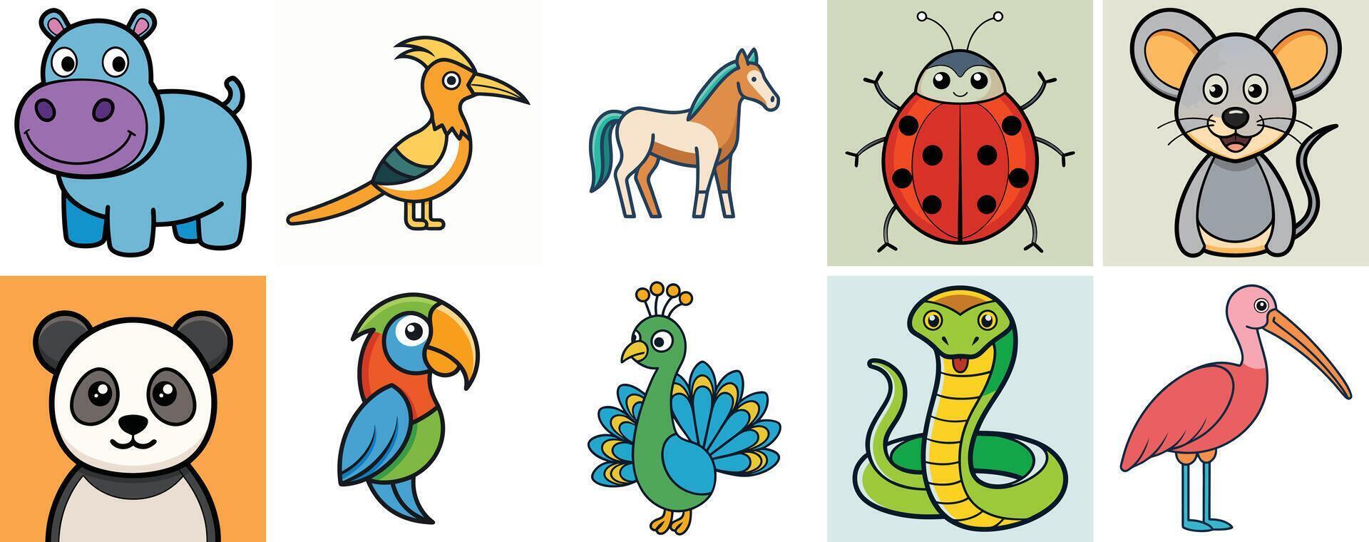 Adorable Cartoon Animals and Insects Collection Featuring a Hippopotamus Panda Parrot Peacock Horse and More vector