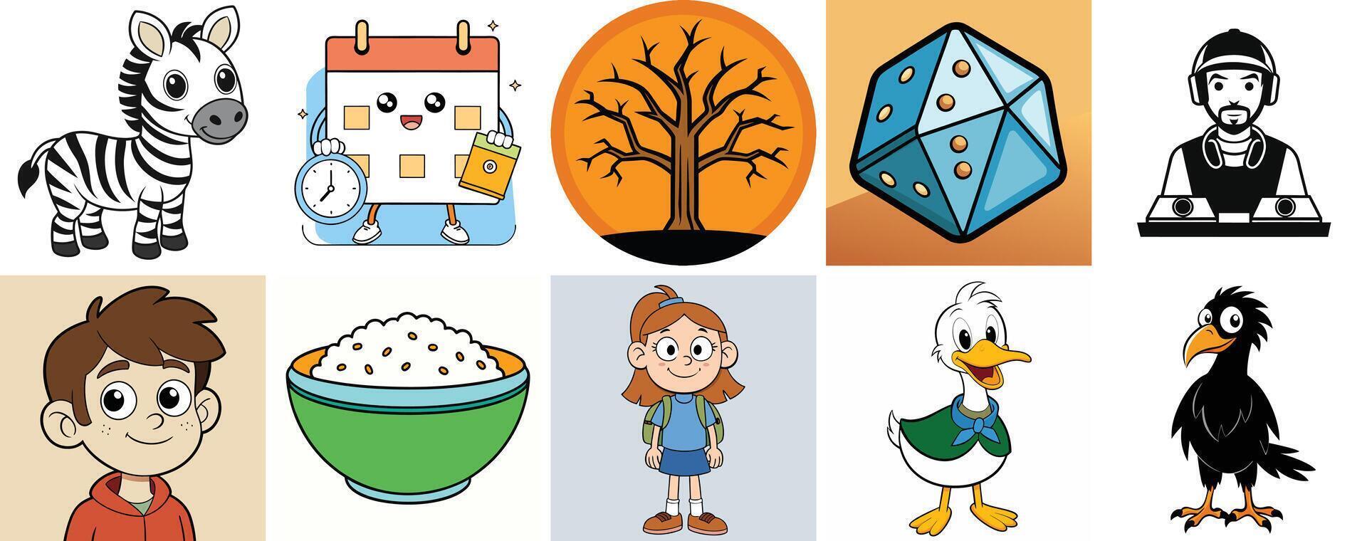 Adorable Cartoon Characters Collection Featuring Animals Plants and People vector