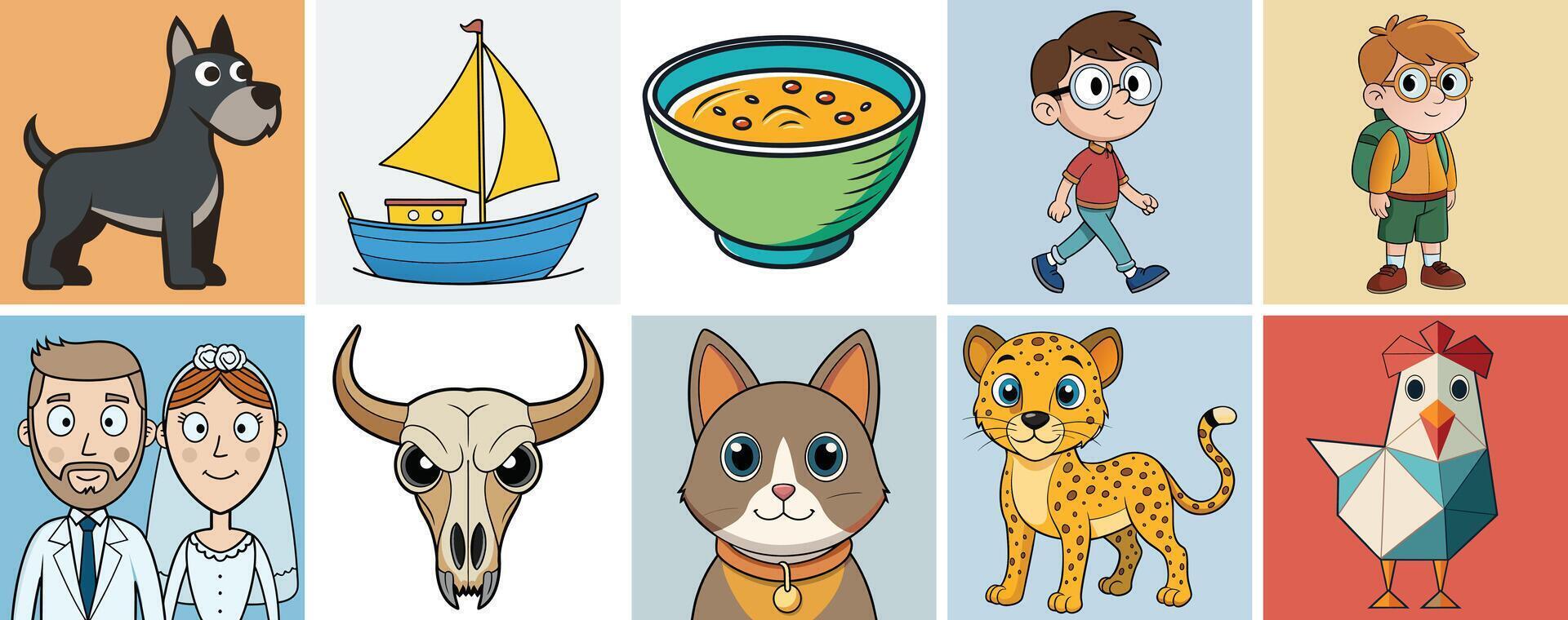 A Collection of Cute Cartoon Illustrations Featuring Animals People and Objects vector