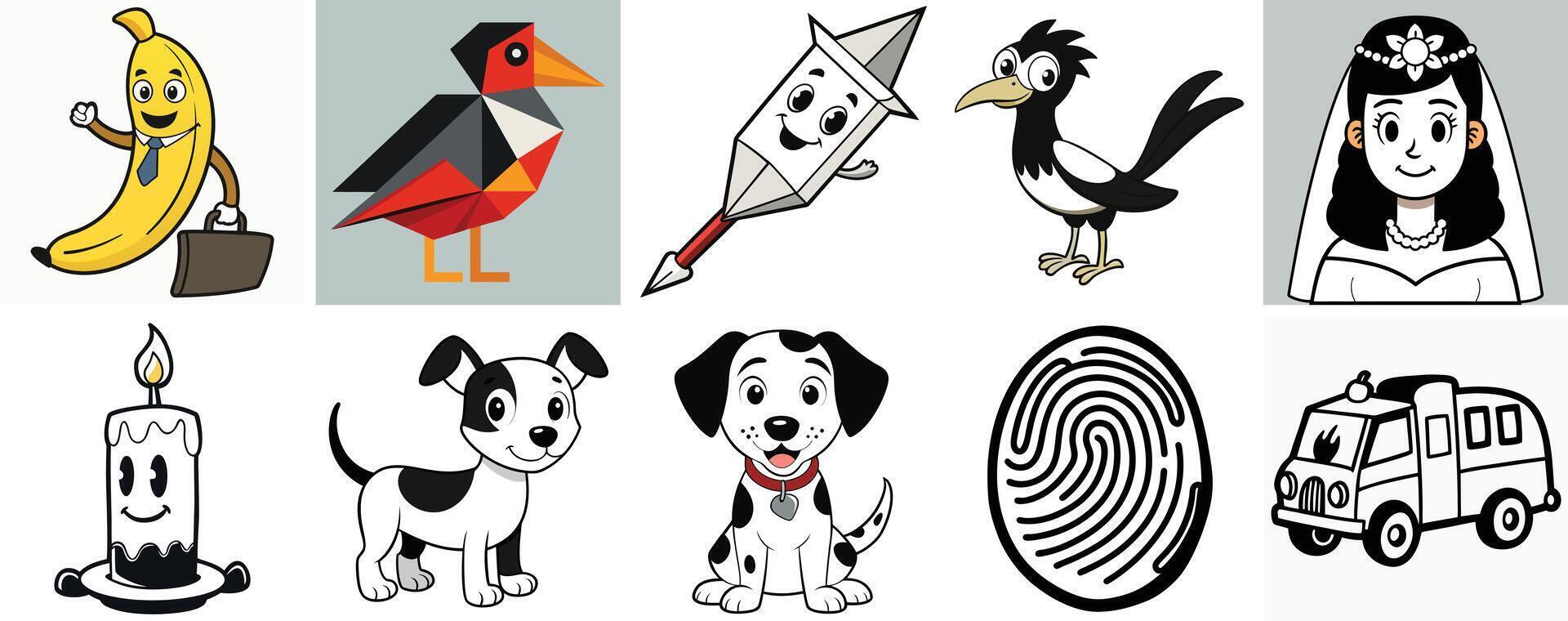 Collection of whimsical cartoon illustrations featuring a banana businessman, origami bird, paper airplane, magpie, bride, candle, puppy, dalmatian, fingerprint, and firetruck vector