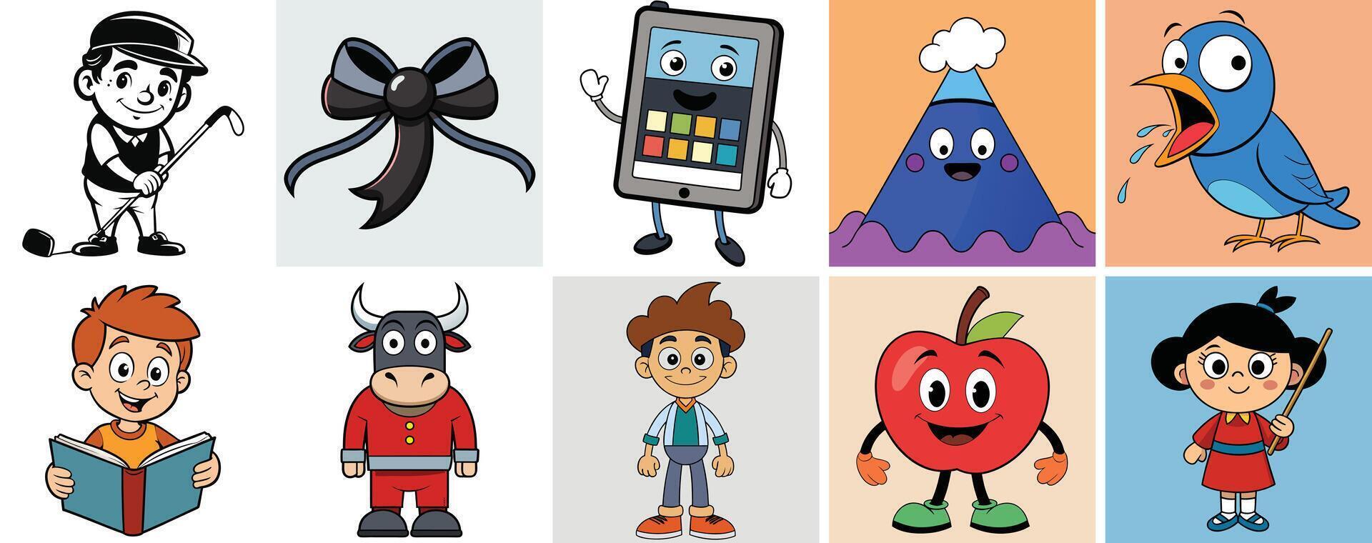 Collection of Cute Cartoon Characters Illustrations Featuring a Golfer, Bow, Tablet, Volcano, Bird, Boy Reading, Bull, Boy, Apple and Girl Teacher vector